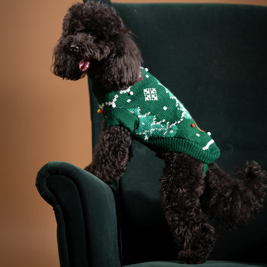Maglioncino Dolcevita Natalizio per Cani con Albero di Natale e PomPon - Verde