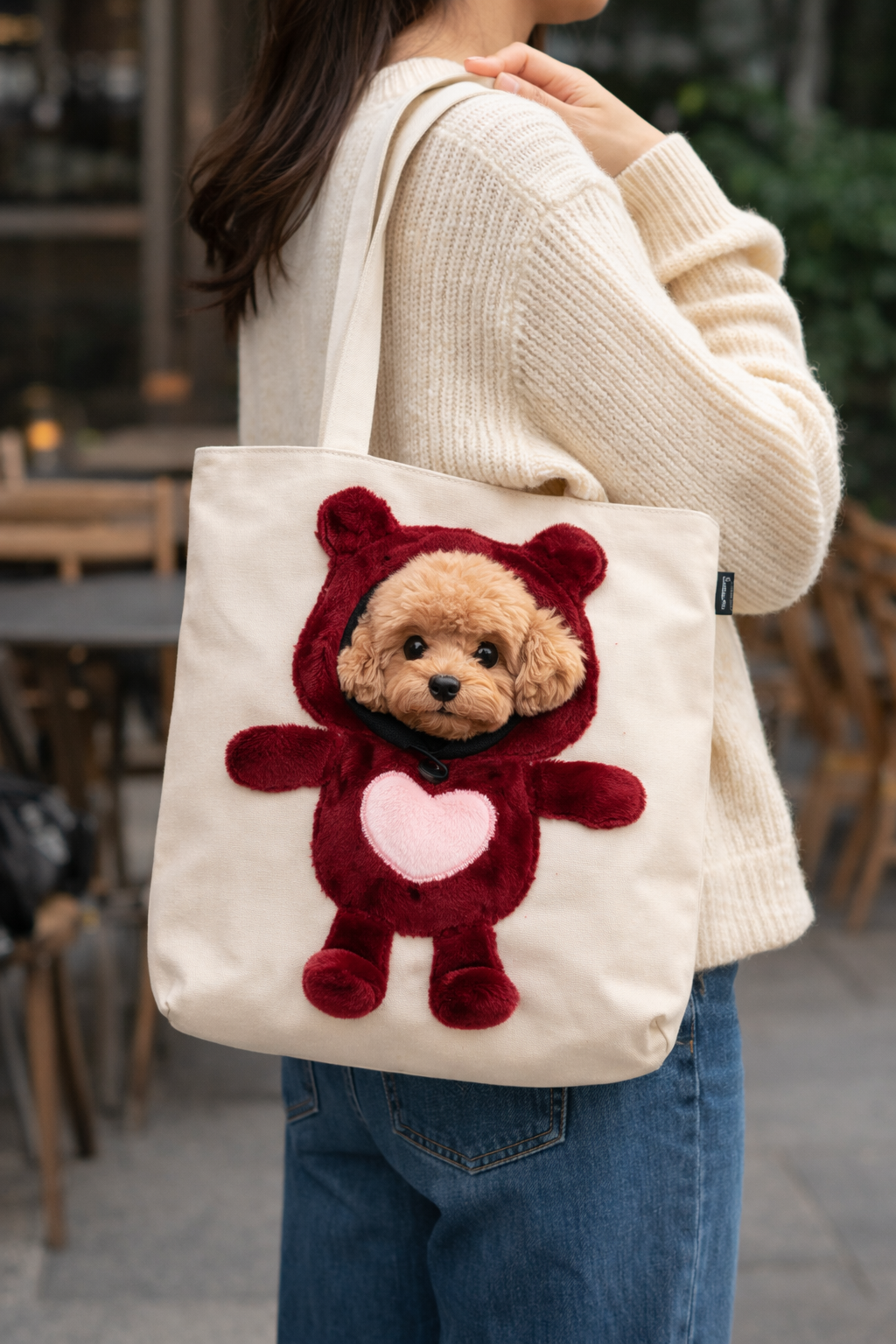 Borsa in stoffa porta cane orsacchiotto - Crema ( 36 x 39 cm )