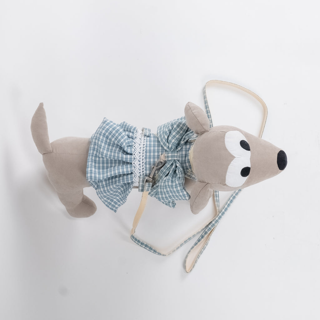 Set Guinzaglio e Pettorina per Cani e Gatti Scozzese con Fiocco - Celeste