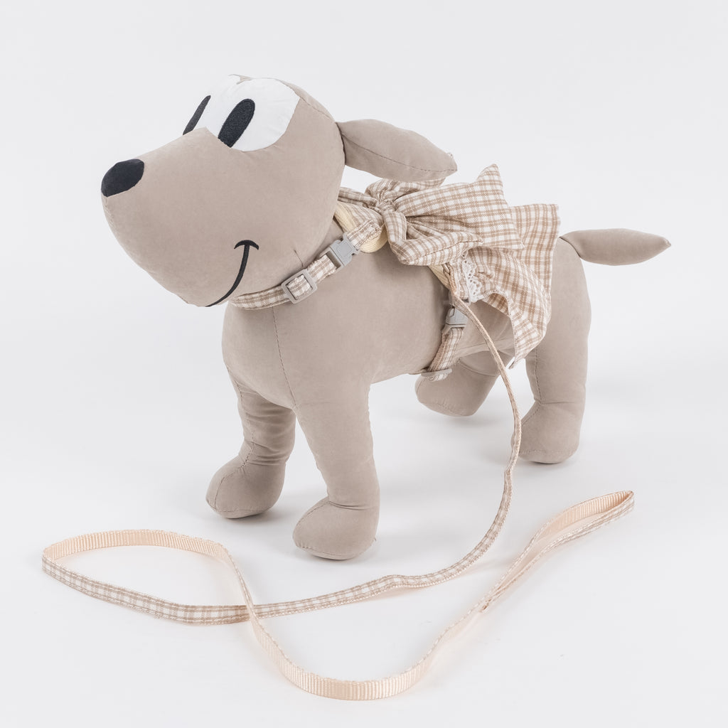Set Guinzaglio e Pettorina per Cani e Gatti Scozzese con Fiocco - Beige