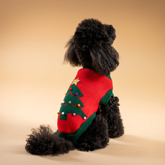 Maglioncino Dolcevita Natalizio con Albero di Natale e PomPon - Rosso