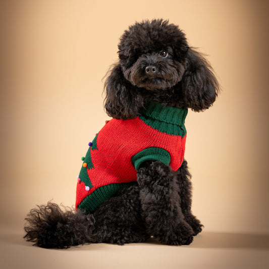 Maglioncino Dolcevita Natalizio con Albero di Natale e PomPon - Rosso