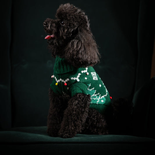 Maglioncino Dolcevita Natalizio per Cani con Albero di Natale e PomPon - Verde